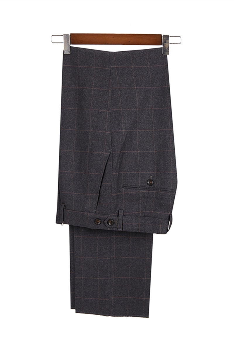 Dark Grey Plaid Peak Lapel Three-Piece Suit with Double-Breasted Waistcoat