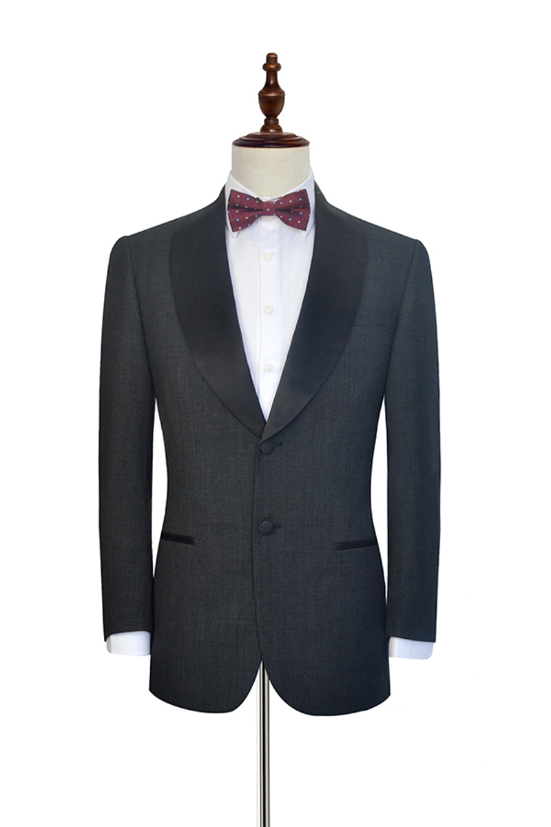 Classic Dark Grey Black Shawl Collar Wedding Tuxedo Two-Button Suit