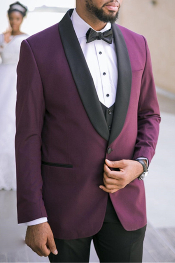 Charles Purple Three-Piece Slim Fit Wedding Suit with Black Lapel