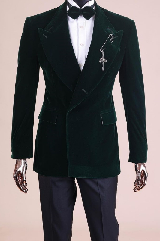 Dark Green Peaked Lapel Two Pieces Velvet Prom Suits