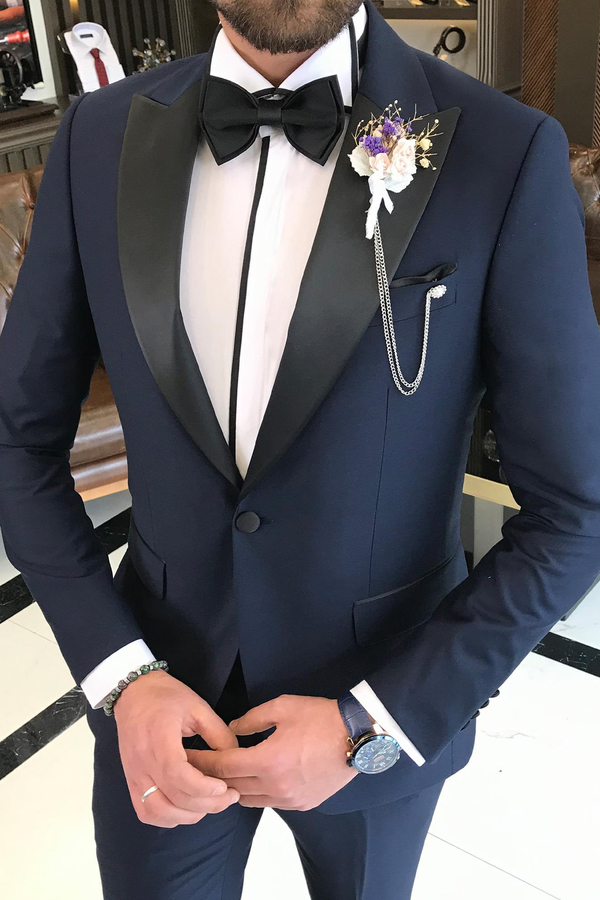 Black Peak Lapel Men’s Prom Suit Navy One-Button Prom Tuxedo