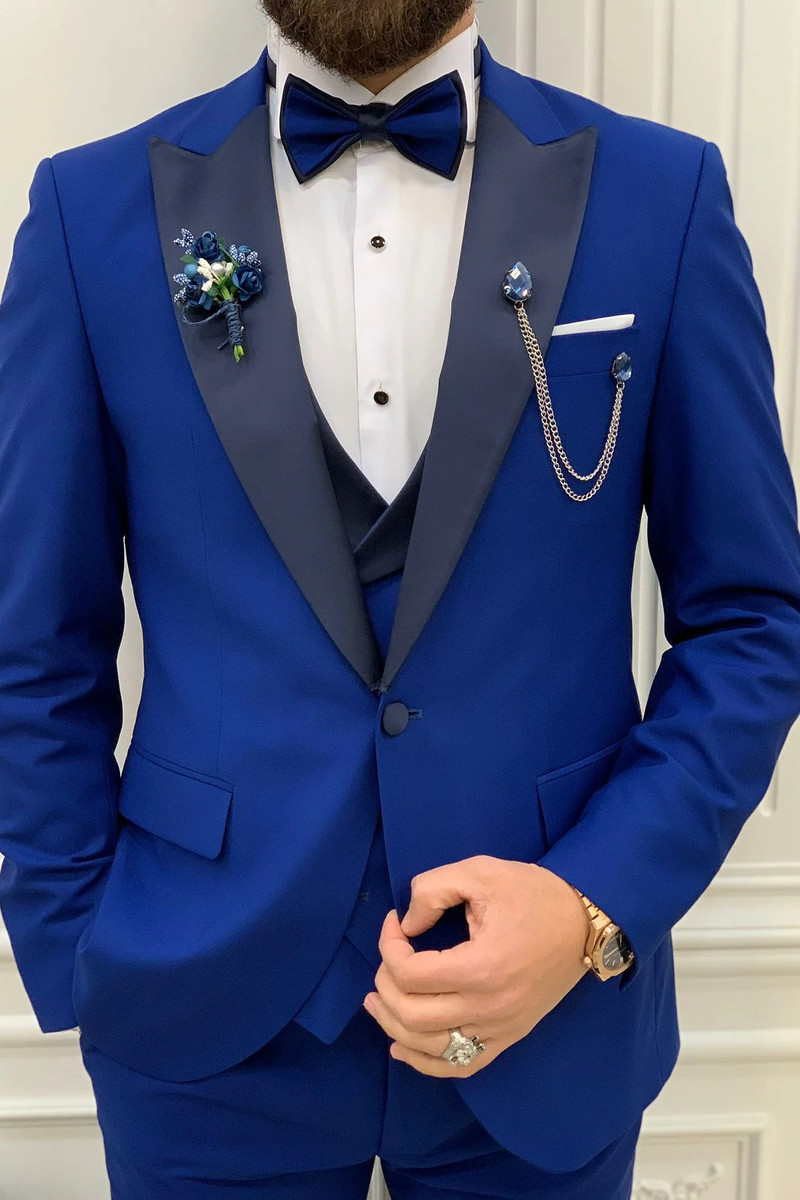 Perris Modern Royal Blue Slim Peak Collar Three-Piece Tuxedo