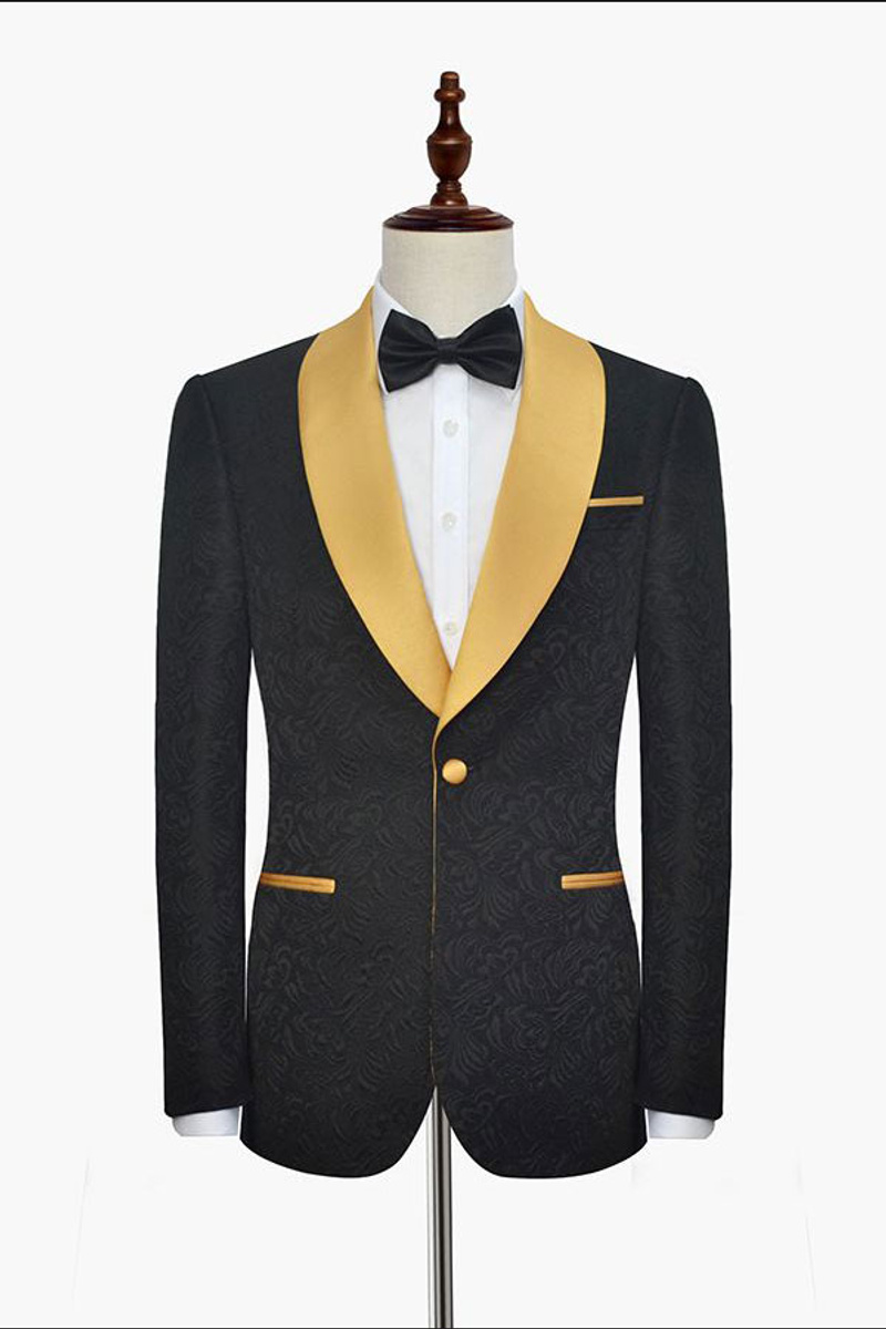 Gold Shawl Lapel One-Button Wedding Tuxedo Black Jacquard Ball Suit