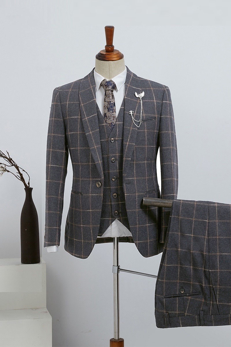 Barlow Stylish Dark Grey Plaid Three-Piece Slim Fit Business Suit