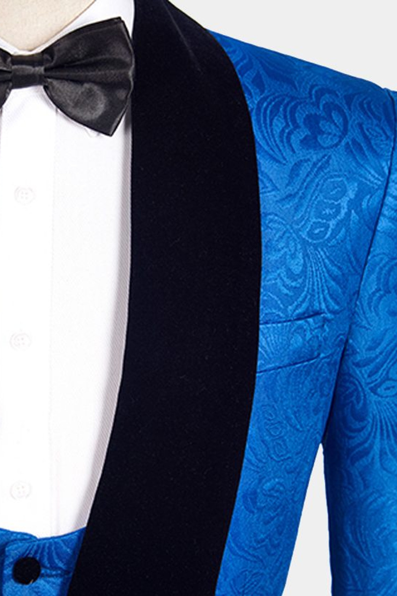 Royal Blue Floral Jacquard Suit Slim Fit Tuxedo Online