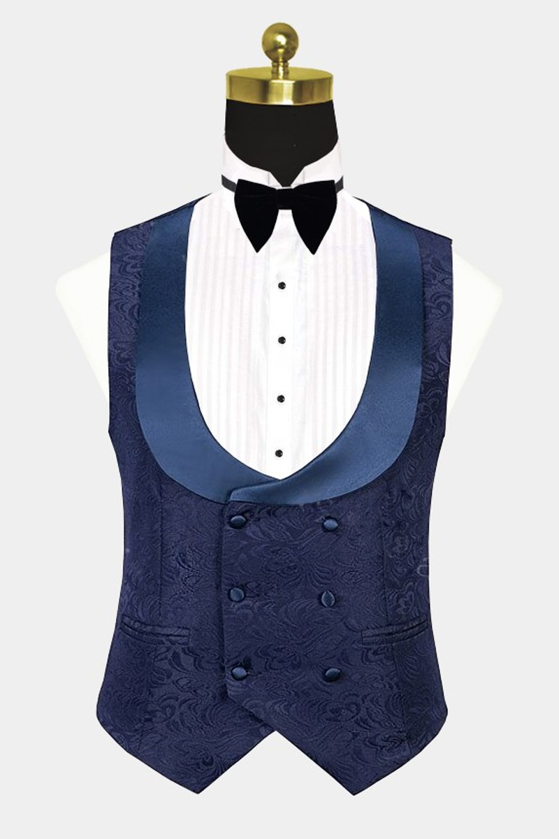Navy Three-Piece Tuxedo Online Jacquard Custom Suit