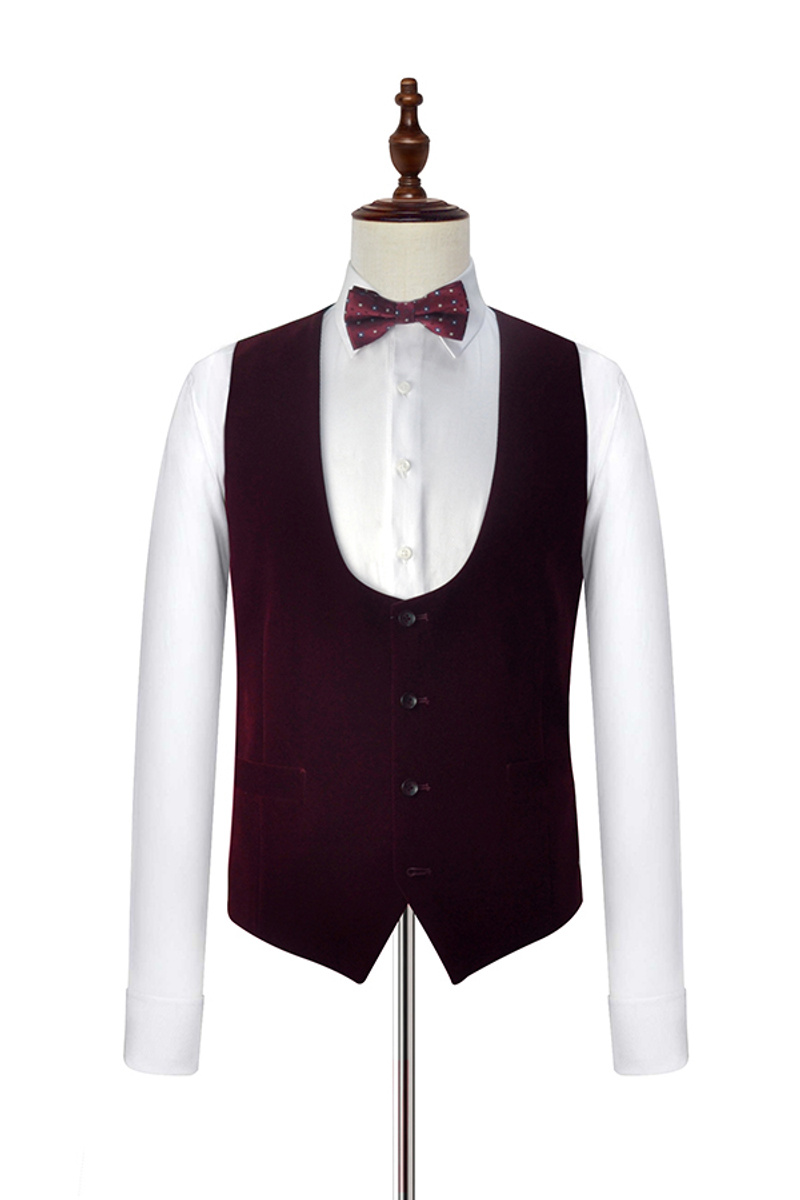 Velvet Shawl Collar White Wedding Tuxedo Burgundy Three-Piece Suit