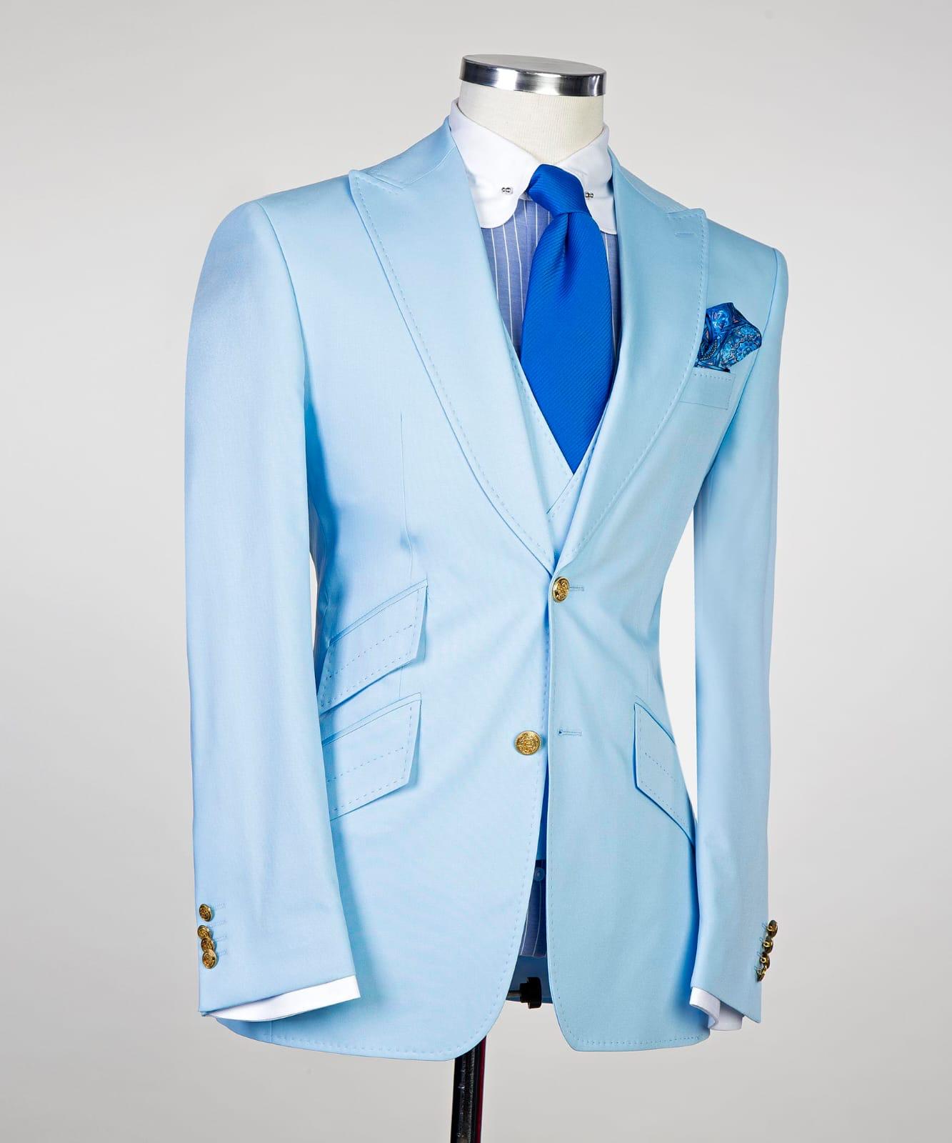 Sky Blue Three Piece Pointed Collar Slim Men Suits