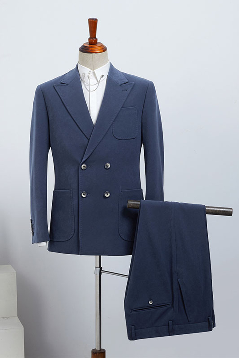 Bob Trendy Blue Pointed Lapel Double-Breasted Business Suit