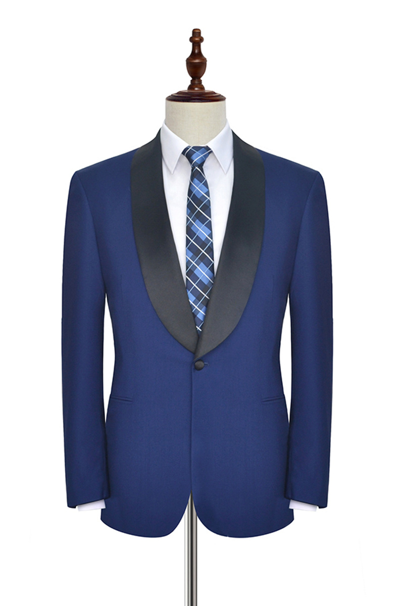 One-Button Black Silk Shawl Lapel Wedding Suit Fashion Blue Prom Suit