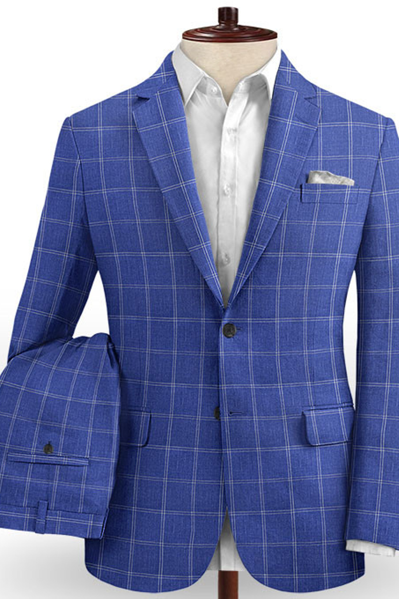 Ocean Blue Check Linen Suit Notched Lapel Slim Fit Tuxedo