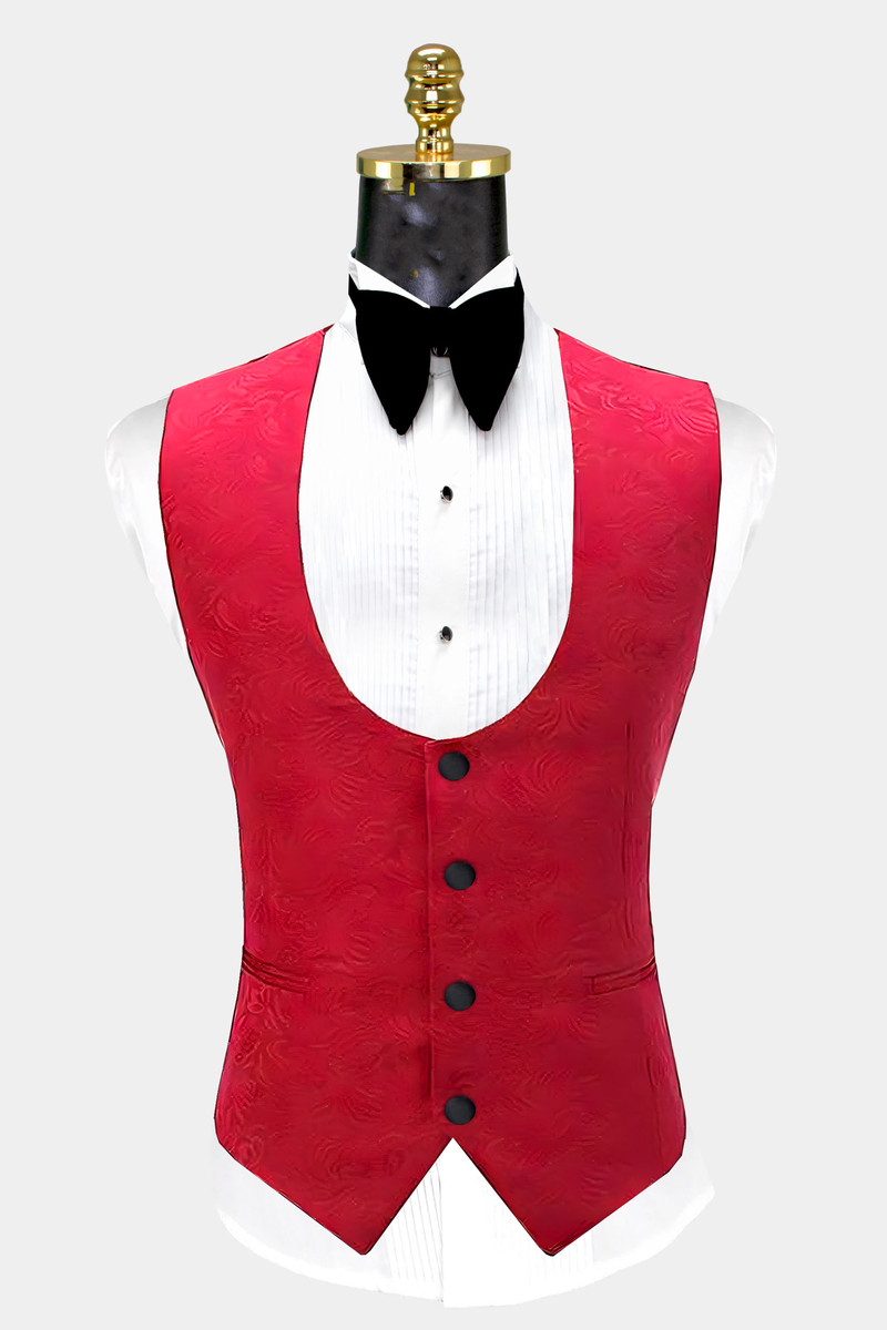 Wayne Shawl Lapel Jacquard Red and Black Tuxedo Three-Piece Set