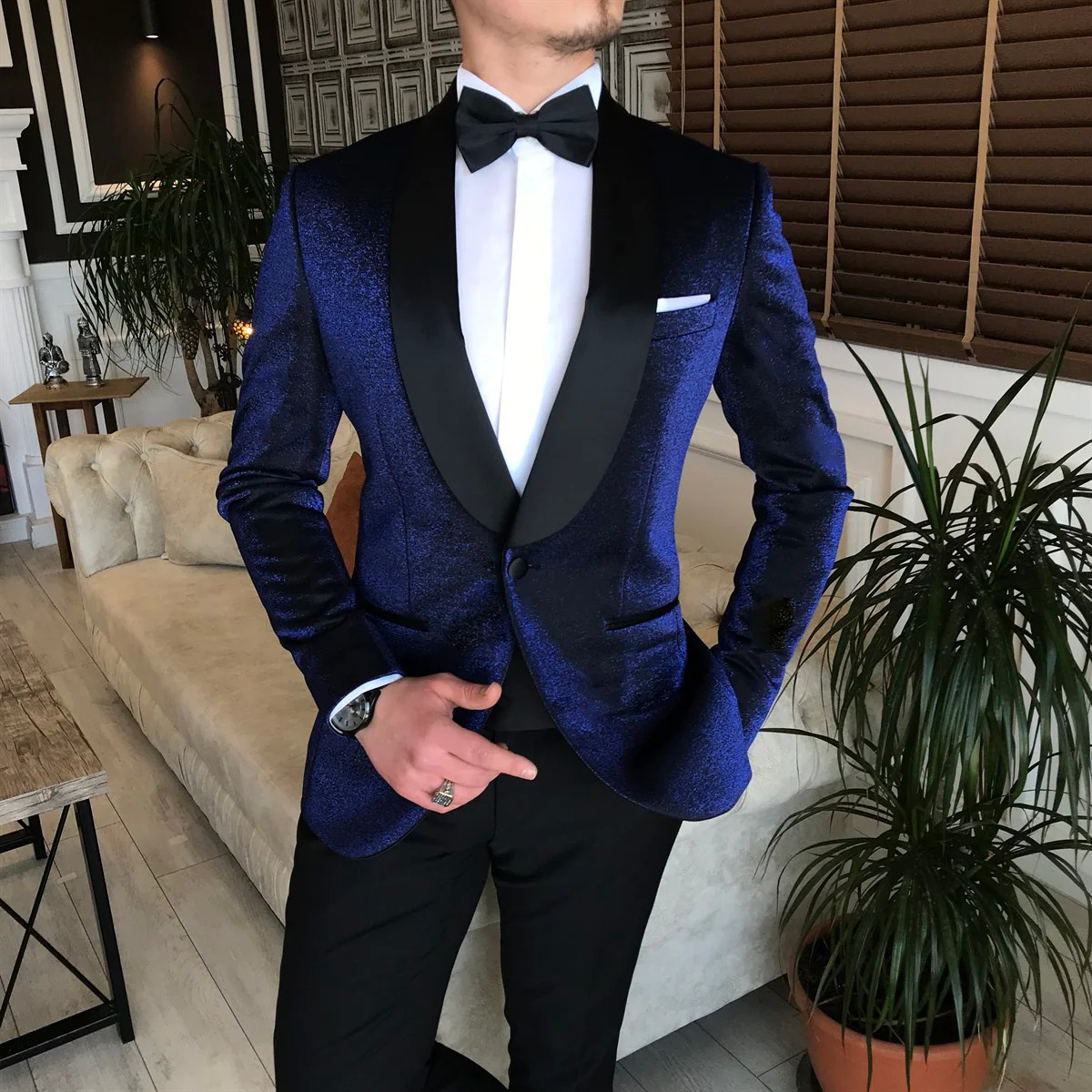 Luciano Shiny Navy Shawl Lapel Wedding Suit with Black Lapel