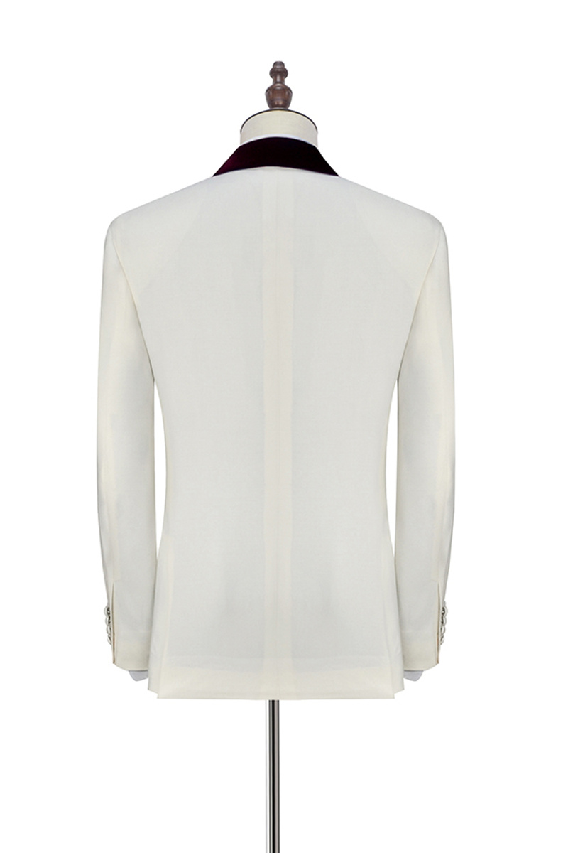 Velvet Shawl Collar White Wedding Tuxedo Burgundy Three-Piece Suit