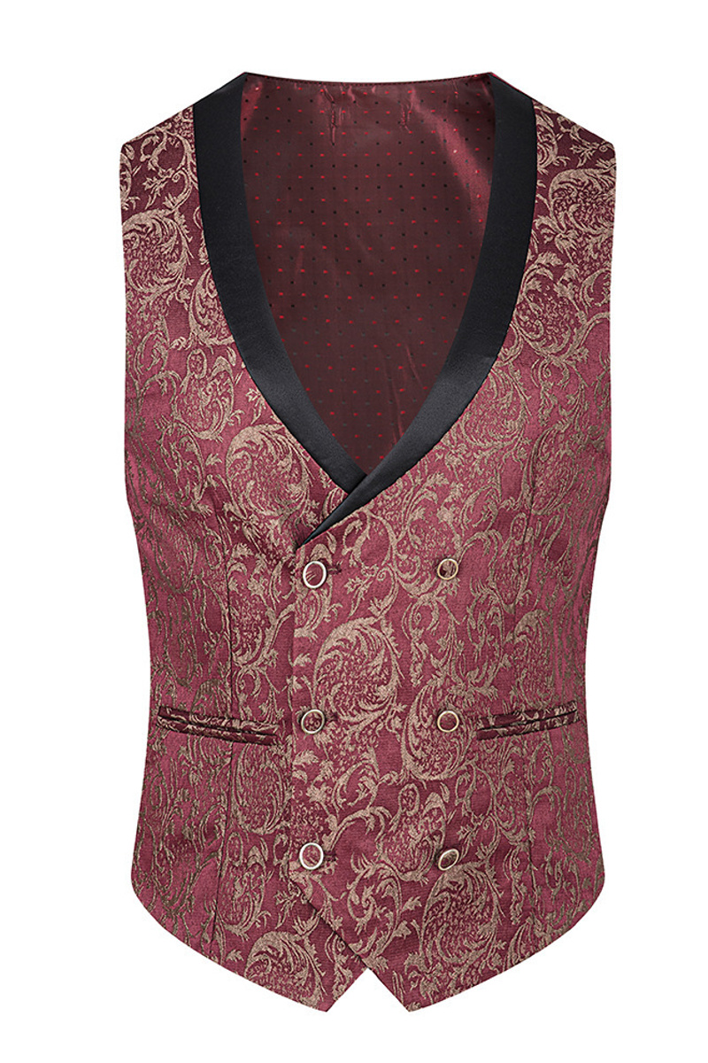 Red Shawl Collar Men's Jacquard Three-Piece Wedding Suit