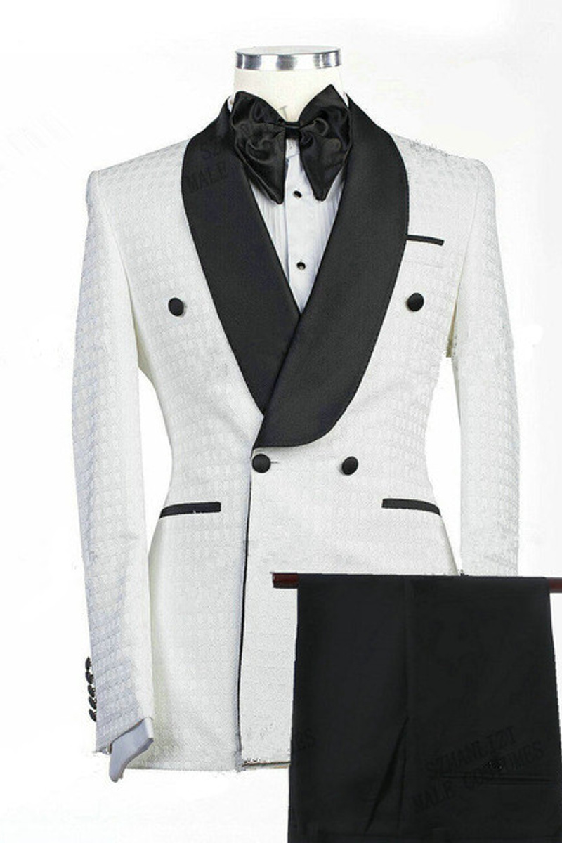 Drew White Jacquard Double-Breasted Shawl Lapel Wedding Suit