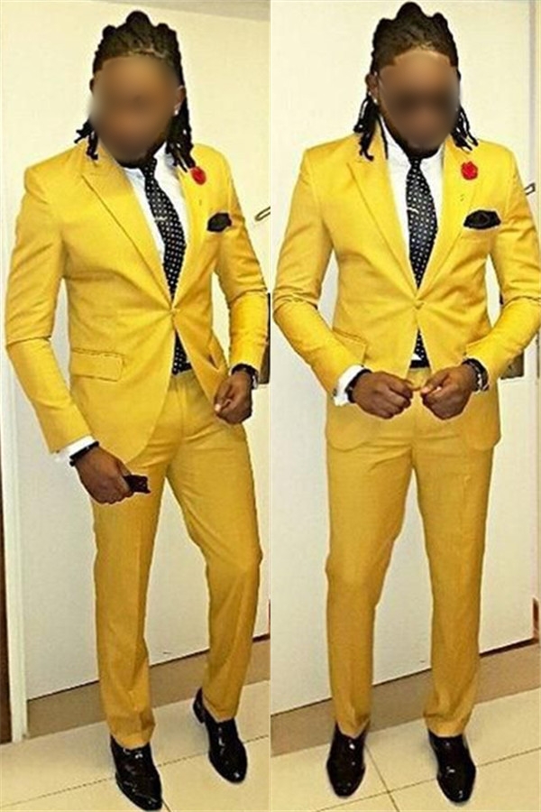 Handsome Yellow Pointed Lapel One Button Men Suit
