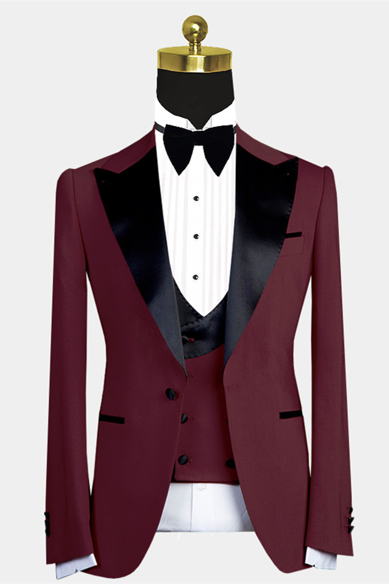 Bryant New Arrival Burgundy Slim Fit Prom Suit Black Lapel