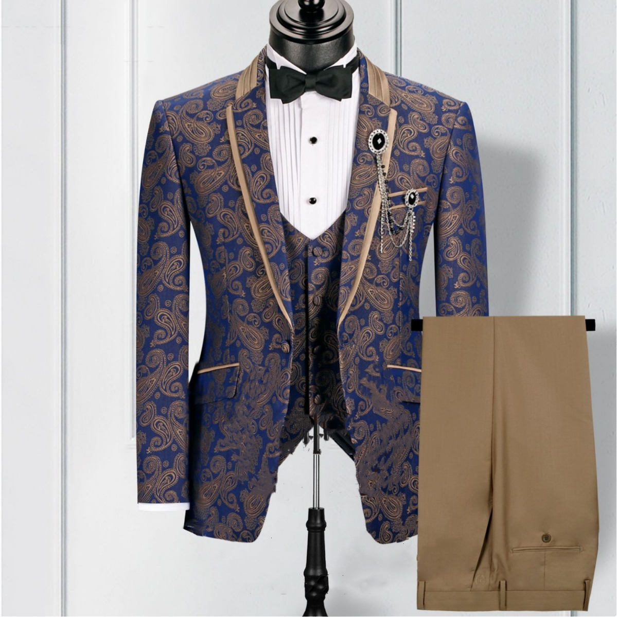 James Blue And Gold Cashew Flower Men Three Piece Prom Dinner Suit