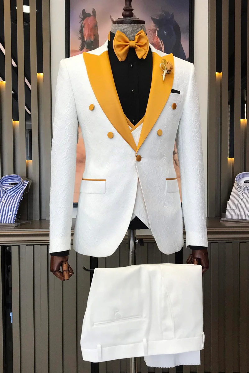 White Slim Fit Lapel Collar Jacket, Vest, and Trousers Groom Suit Gold Collar/White Pants & Green Collar/Black Pants