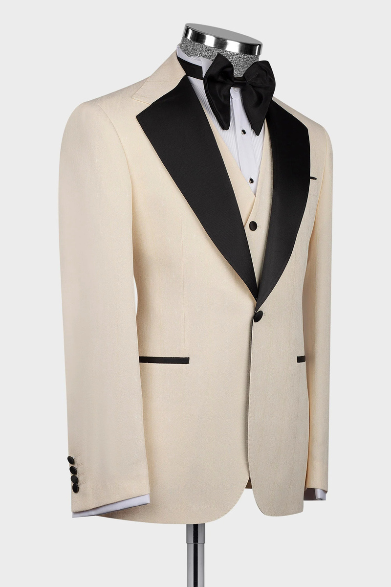 Modern Creamy Creamy Yellow Notch Lapel Men Suit Men Three Piece Black Collar Suits