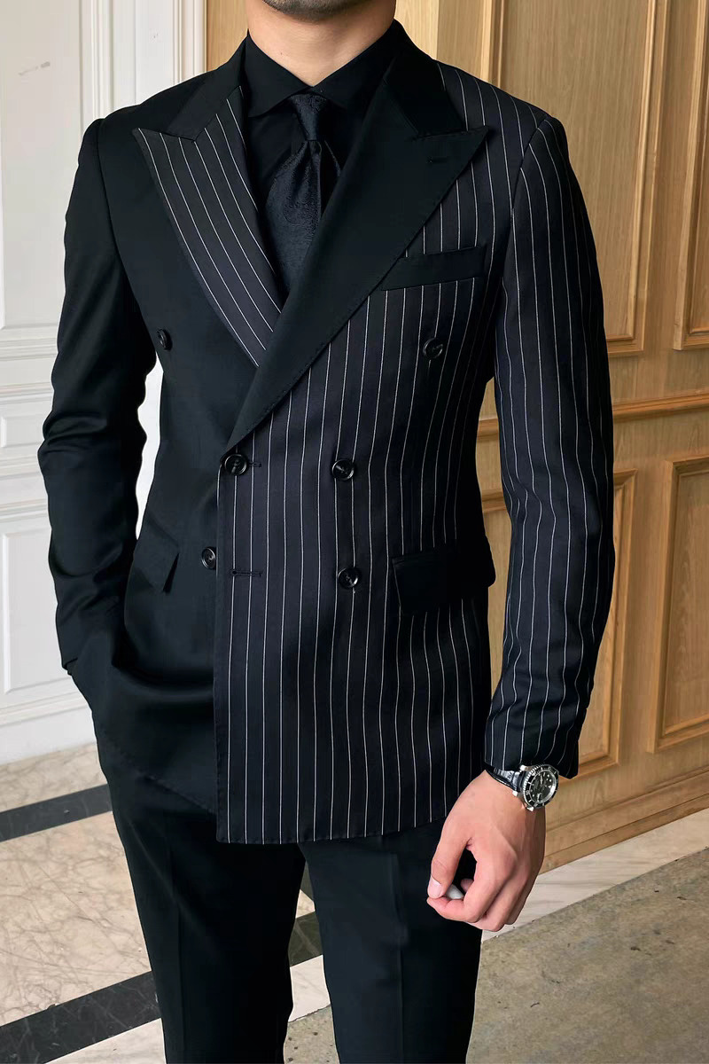 Beacher Formal Black Striped Point Lapel Double Breasted Tailored Business Suit