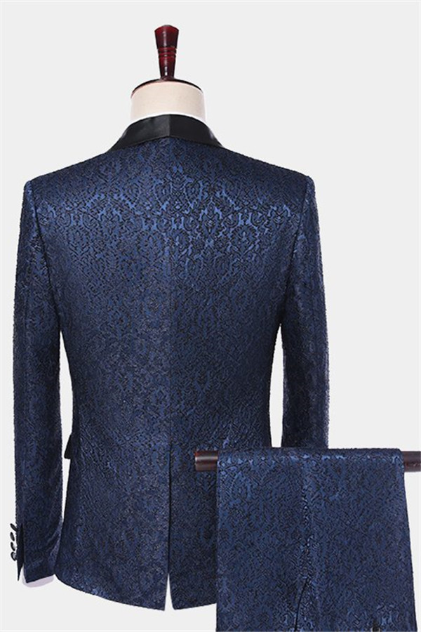 Navy Blue Damask Tuxedo Modern Three-Piece Suit