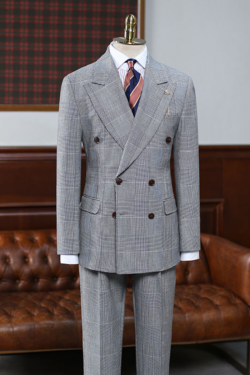 Alves Grey Plaid Lapel Double Breasted Custom Business Suit