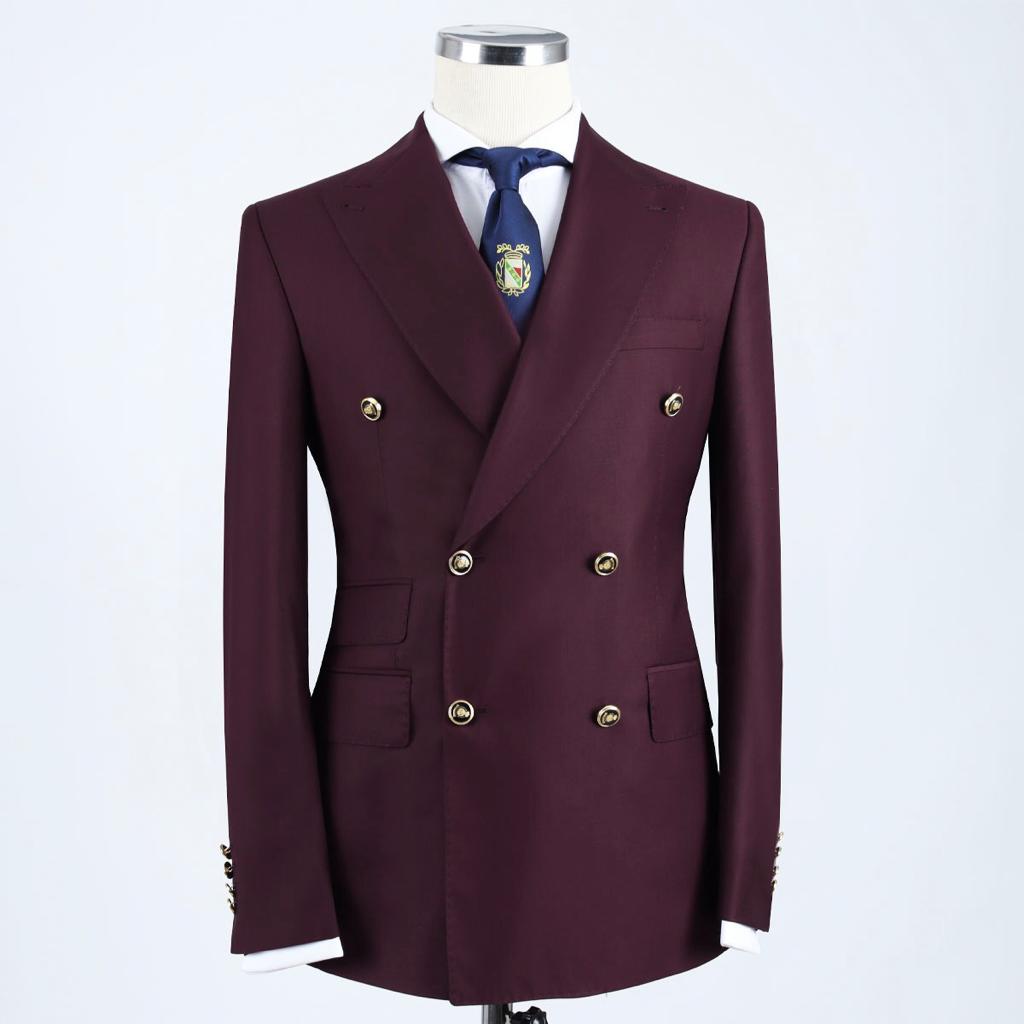 Burgundy Double-Breasted Pointed Collar Slim Fit Suit