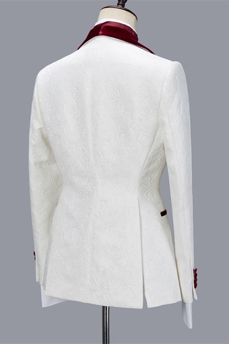 Nathanael White Jacquard Three-Piece Wedding Suit with Velvet Lapel