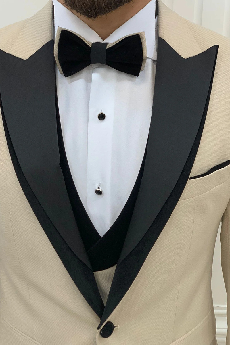 Marbel Beige Slim Fit Velvet Peak Lapel Tuxedo