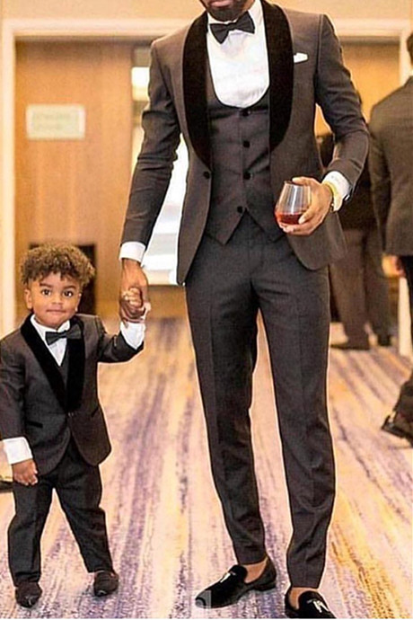 Shawl Lapel Grey and Black Wedding Suit Groomsmen Tuxedo