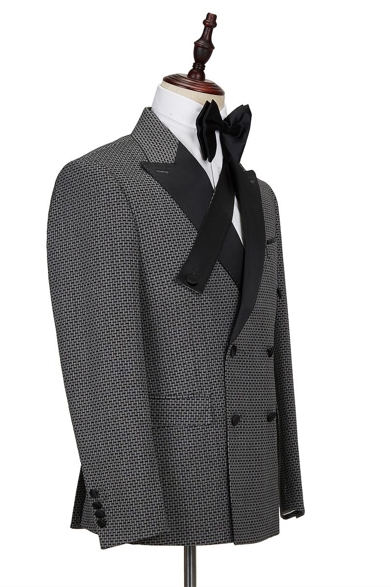 Modern Black-and-Gray Cruciform Satin Peak Lapel Double-Breasted Formal Suit