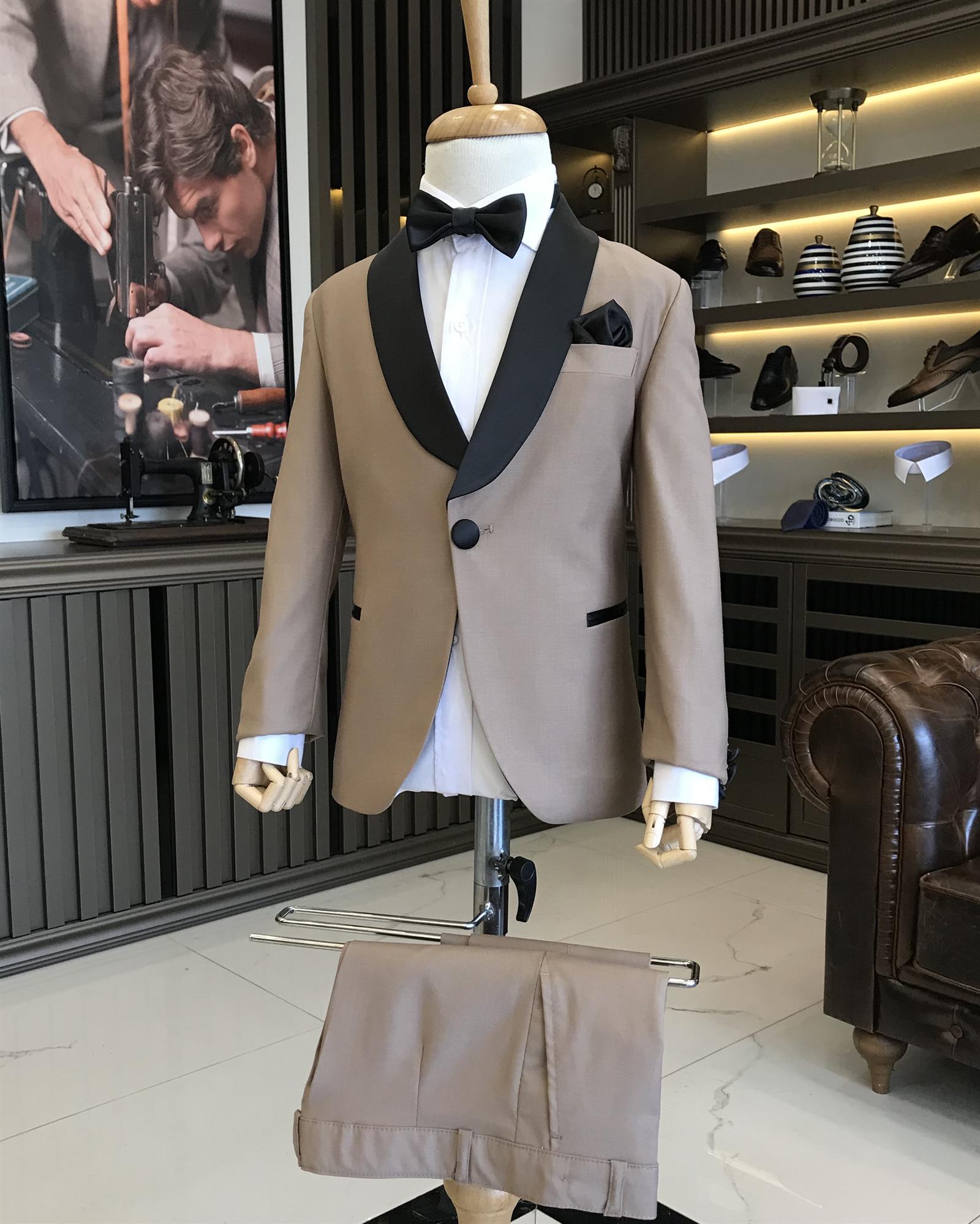 Khaki Slim Fit Boys' Tuxedo Suit with Shawl Collar