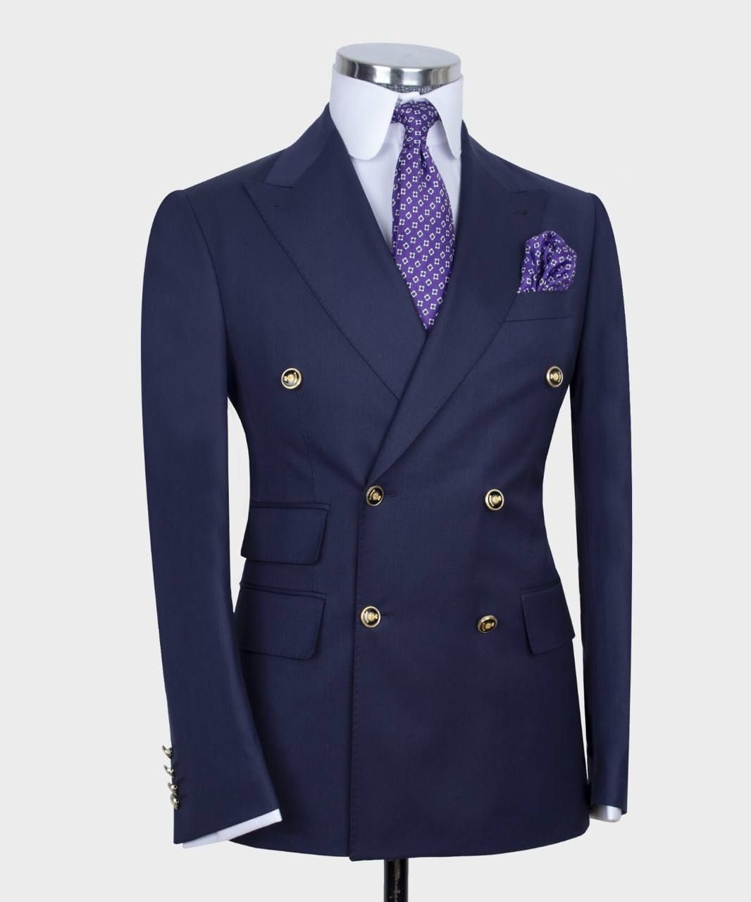 New Arrival Dark Blue Point Collar Double-Breasted Suit