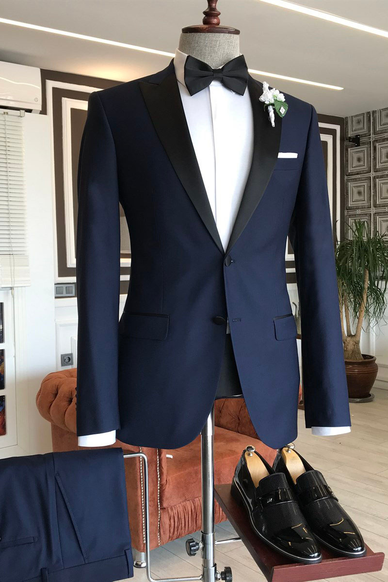Modern Dark Blue Pointed Lapel Single-Breasted Slim Fit Suit