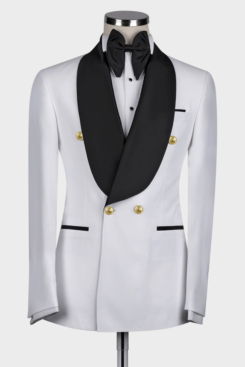 White Double-Breasted Wool Blend Shawl Collar Men's Wedding Suit with Gold Buttons