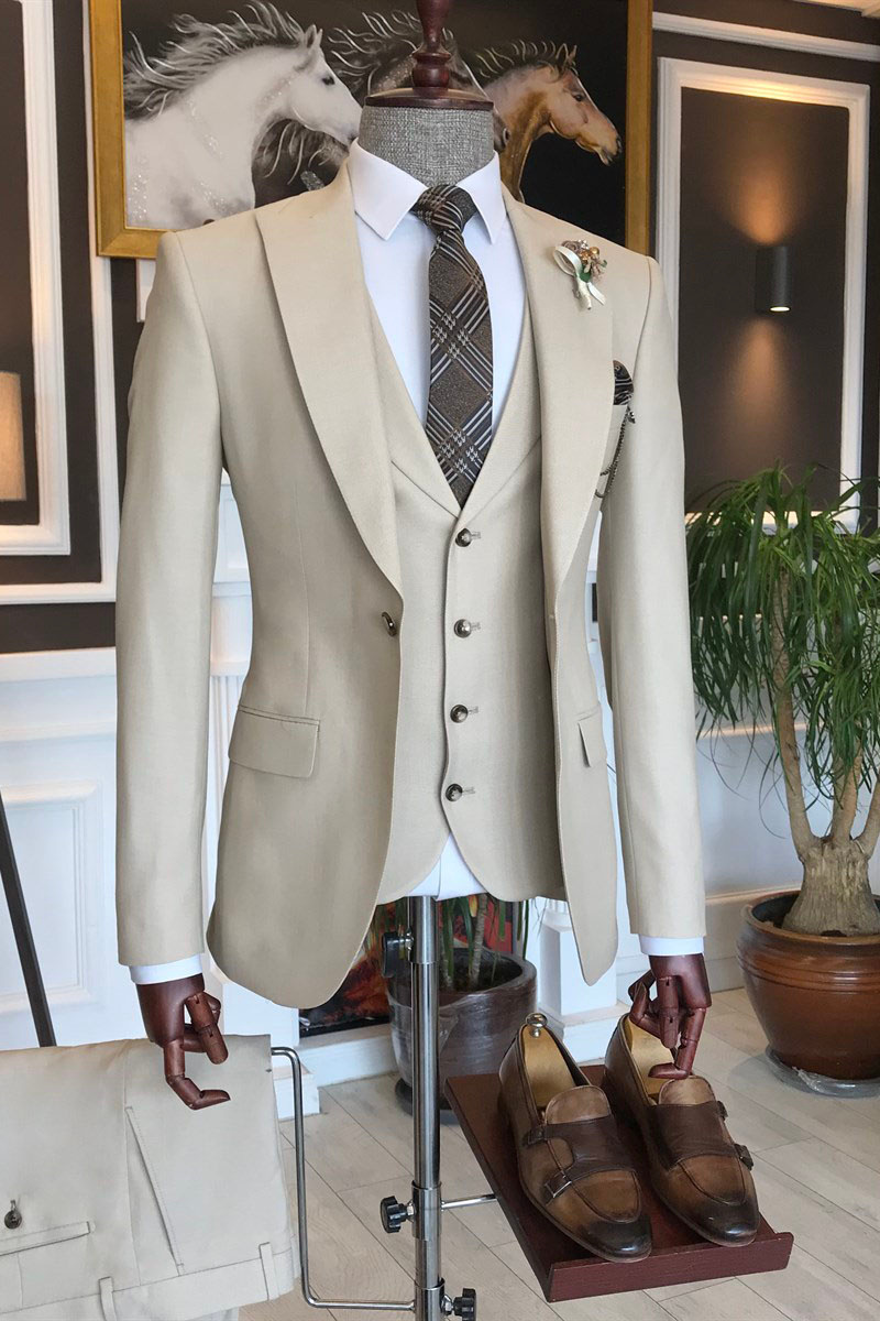 Owen Stylish Off-White Three Piece One Button Two Flap Formal Suit