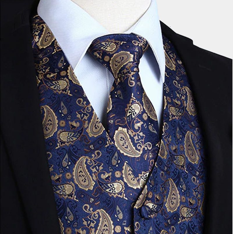 Blue And Tan Paisley Waistcoat Set For Men