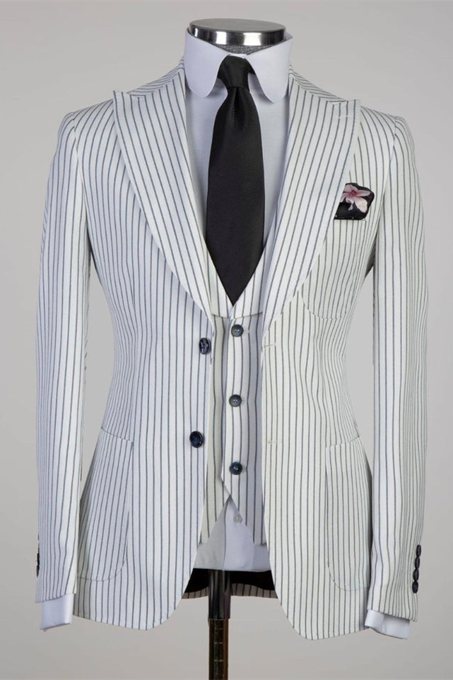 White Stripe Three-Piece Peaked Lapel Business Suit
