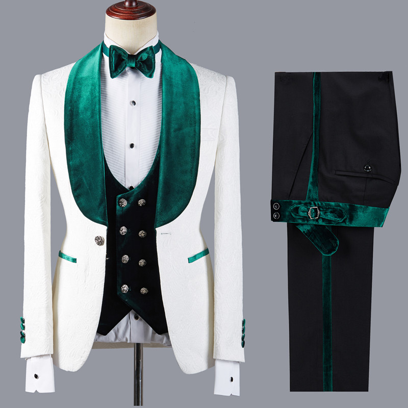 Jeffery Fashion Jacquard Three-Piece Green Lapel White Wedding Suit