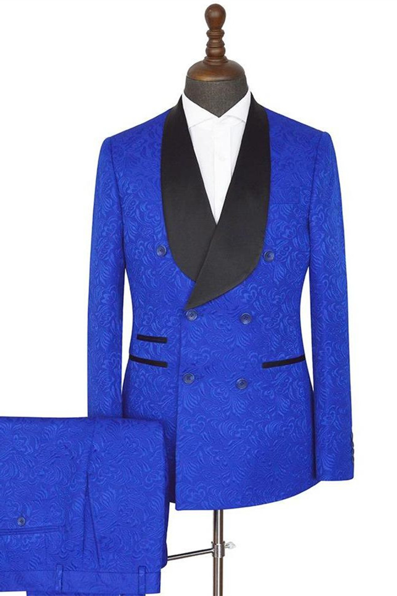 Ramon Royal Blue Shawl Lapel Slim Fit Double-Breasted Jacquard Wedding Set