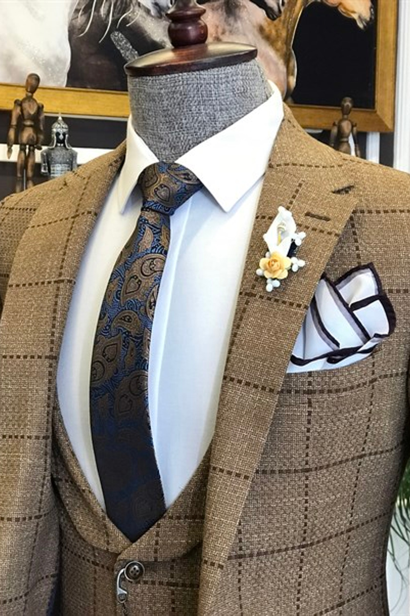 Archibald New Brown Plaid Lapel Three-Piece Business Suit