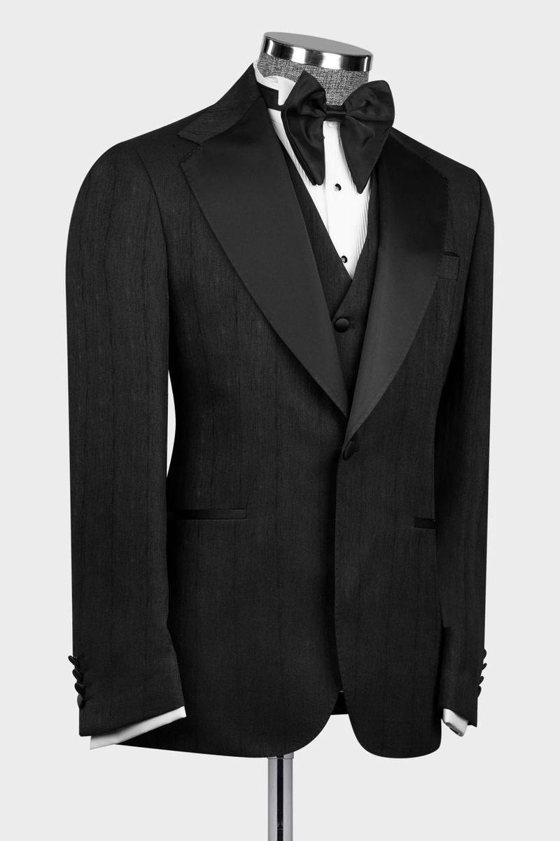 Modern Black Herringbone Notch Lapel Men's Three-Piece Suit