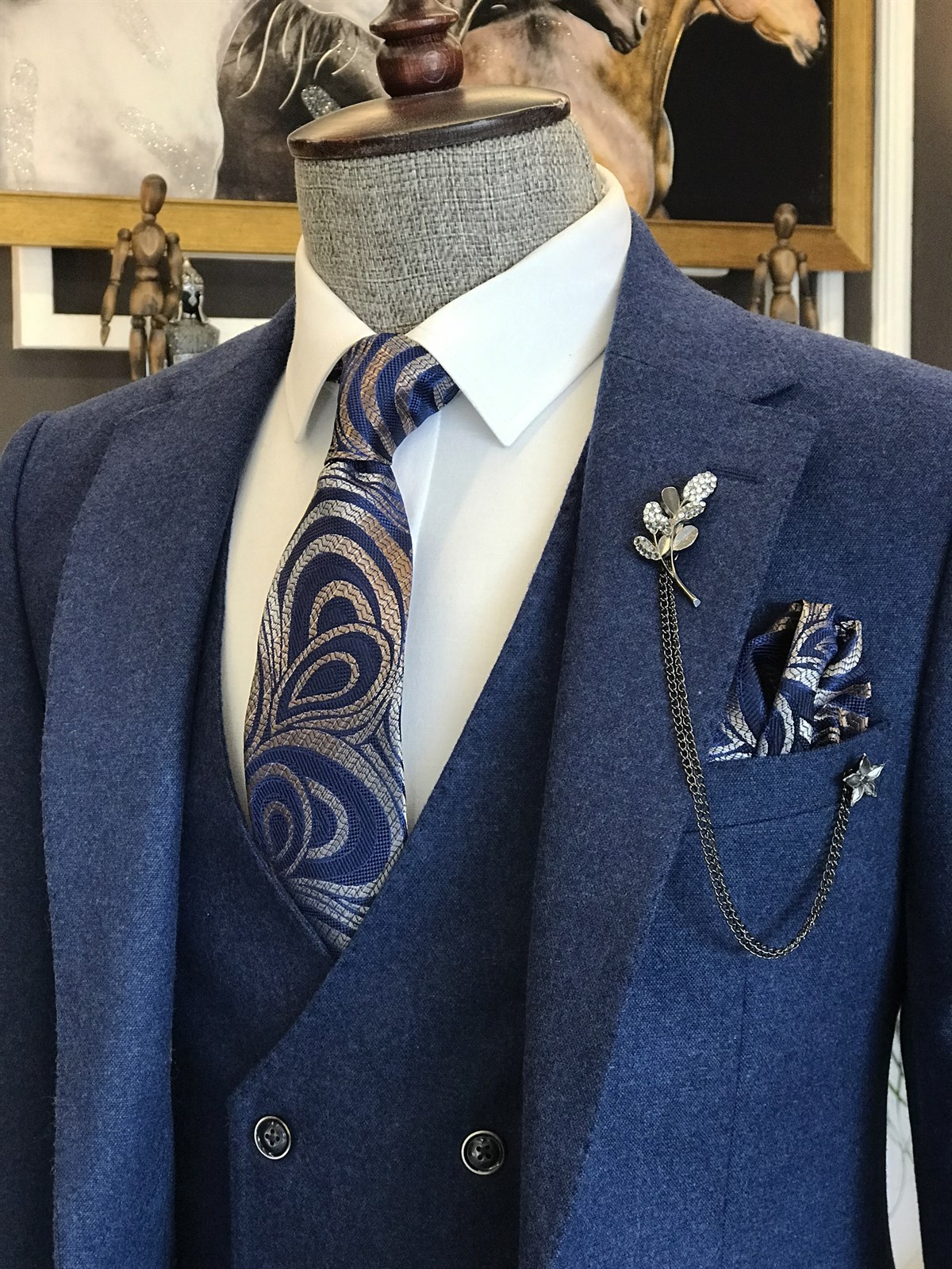 Cary Modern Blue Three Piece Notched Lapel Men Business Suit