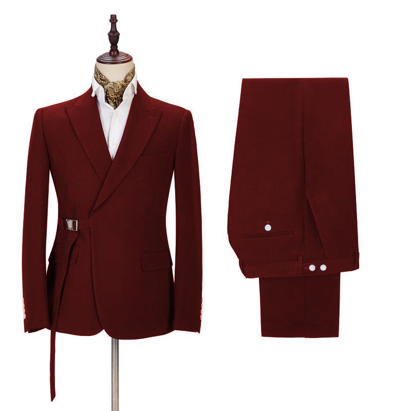 Stylish Peak Lapel Buckle Button Formal Burgundy Two-Piece Casual Suit Online