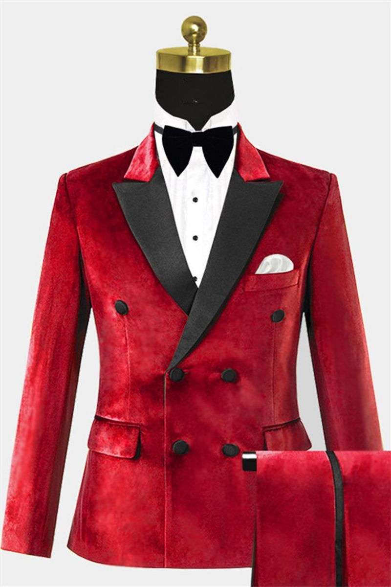 Double-Breasted Red Velvet Tuxedo Two-Piece Prom Suit