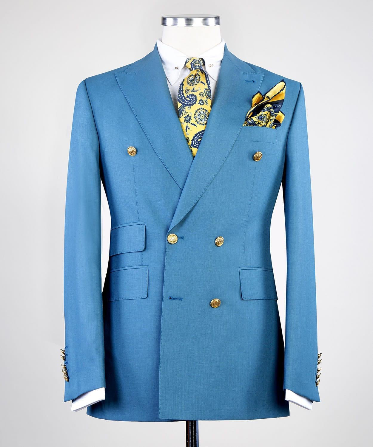 Modern Blue Double Breasted Point Collar Business Men Suits