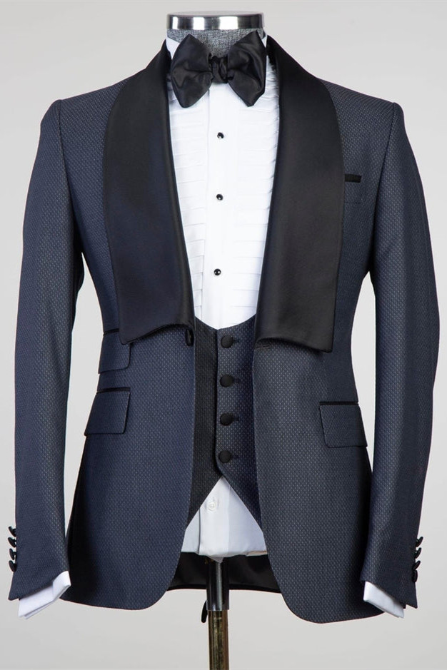 Cliff Fashion Dark Blue Shawl Lapel Slim Fit Three-Piece Suit
