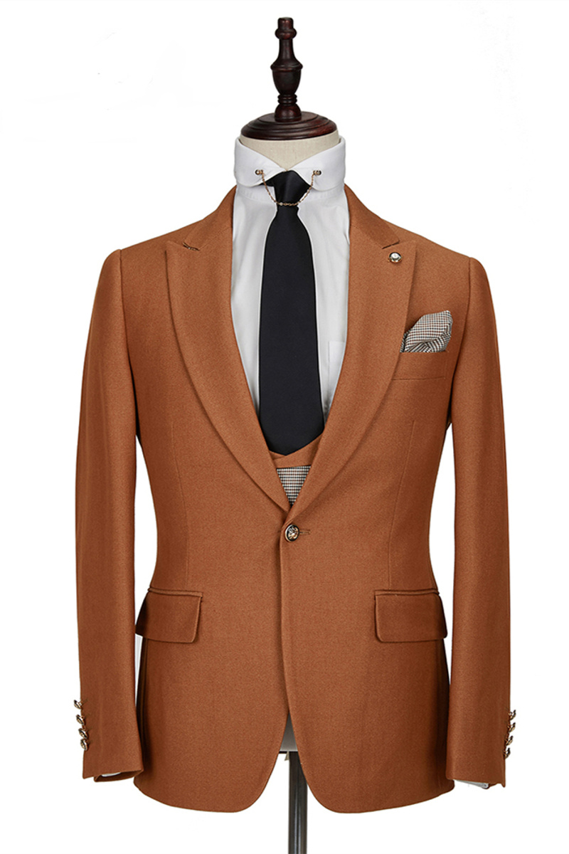Orange Peak Lapel Three-Piece Suit with Double-Breasted Waistcoat
